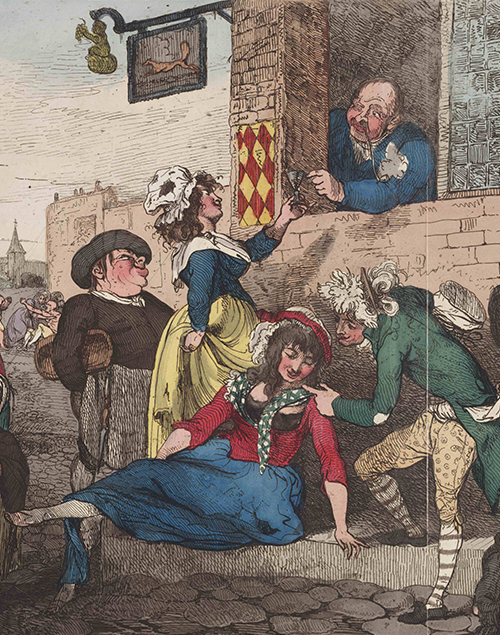 A publican serves a young Irishwoman a measure of gin