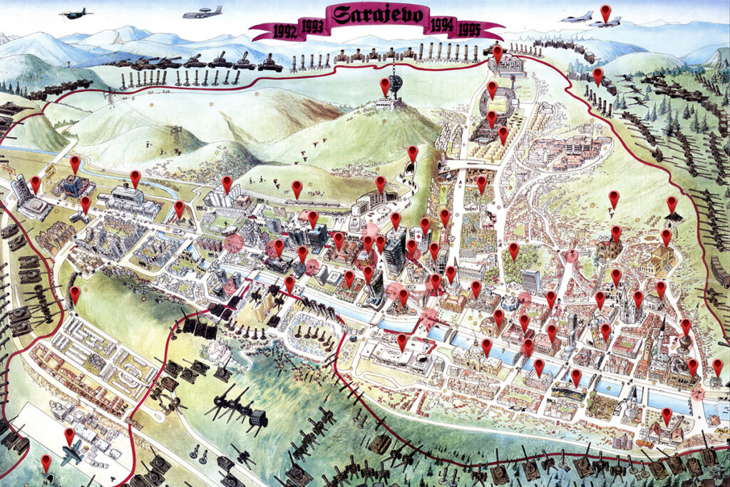 A hand-drawn map of the Siege of Sarajevo with key siege and survival elements of an urban environment