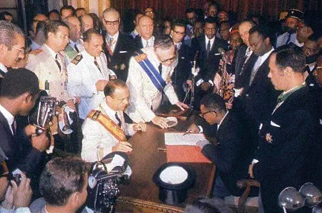 Monica's father Francisco Macias alongside Spanish officials at the signing of Equatorial Guinea’s declaration of independence, October 1968