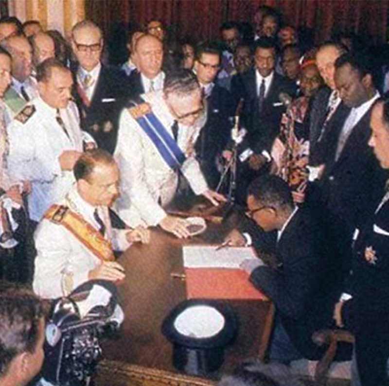 Monica's father, Francisco Macias, alongside Spanish officials at the signing of Equatorial Guinea's declaration of independence, October 1968