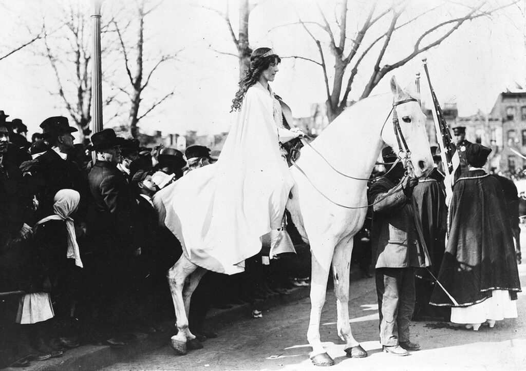 Heterodoxy member Inez Milholland, on horseback, led the 1913 suffrage parade in Washington DC, which was attacked by an angry mob