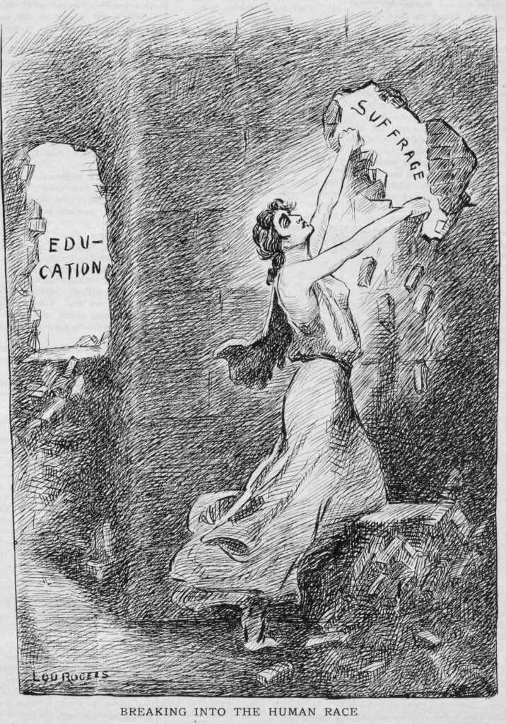 Heterodoxy’s Lou Rogers was a political cartoonist influential in the suffrage and birth control movements. This cartoon was published in the Woman’s Journal, the newspaper of the National American Woman Suffrage Association, 2 December 1911
