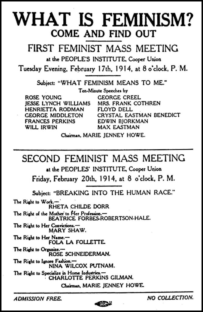 A 1914 invitation to public meetings that encouraged people to discover what the new term 'feminism' was all about